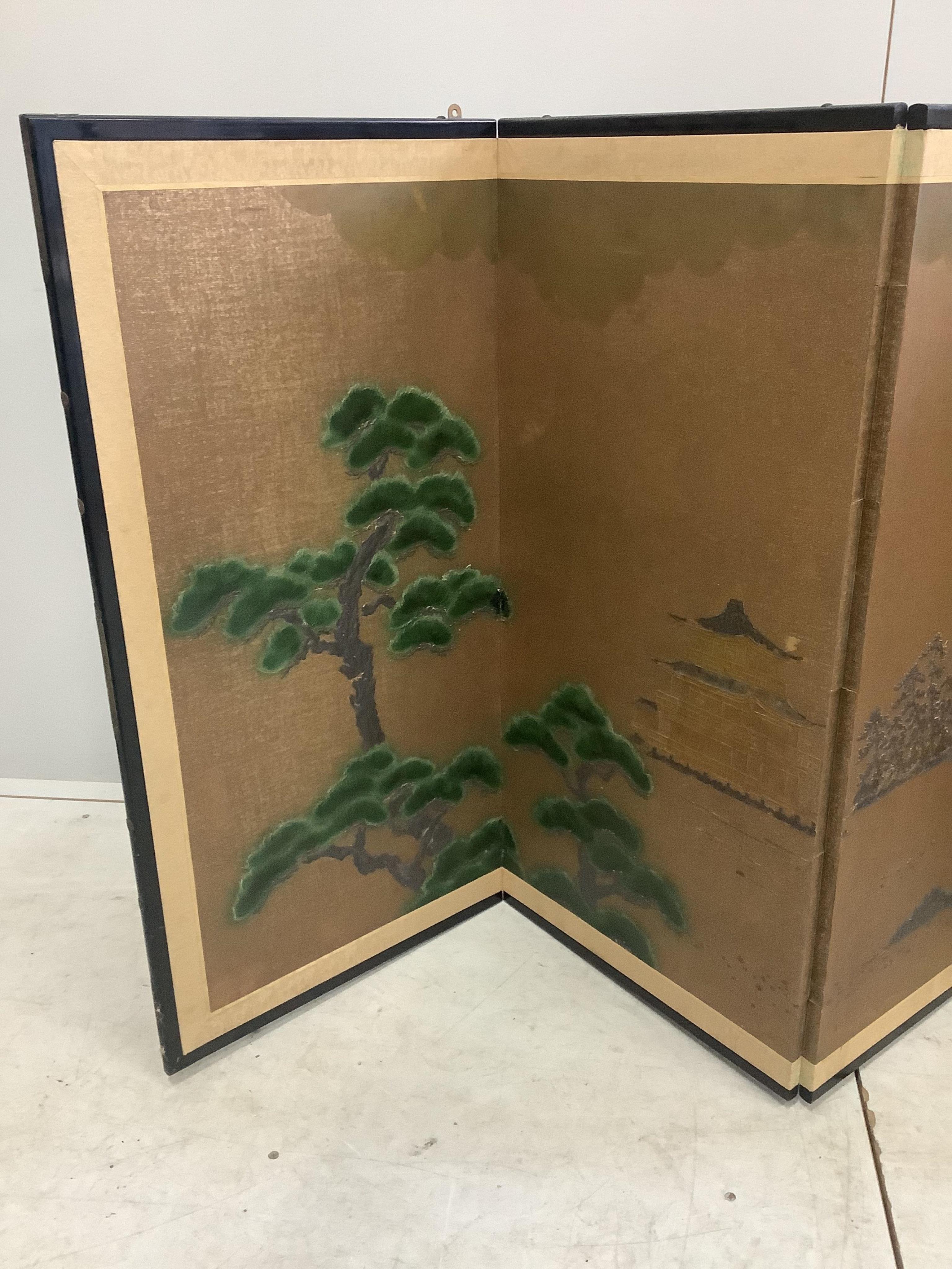 A Japanese four fold screen, each panel width 45cm, height 90cm. Condition - good